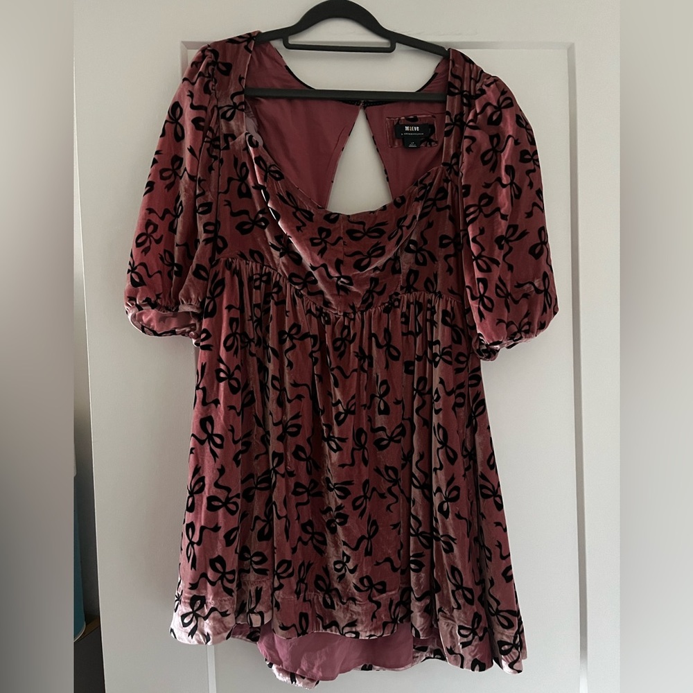 Anthropologie Pink Velvet Bow-Print Babydoll Dress